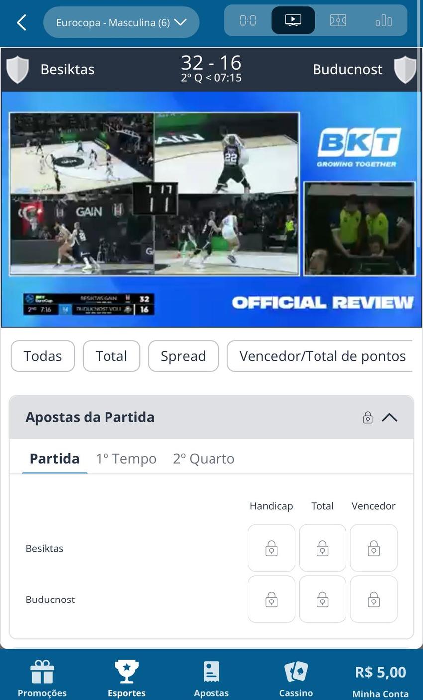 Captura da tela de streaming ao vivo do Sportingbet App.