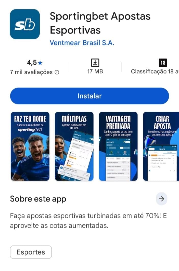 Captura da tela do Sportingbet App na Play Store.
