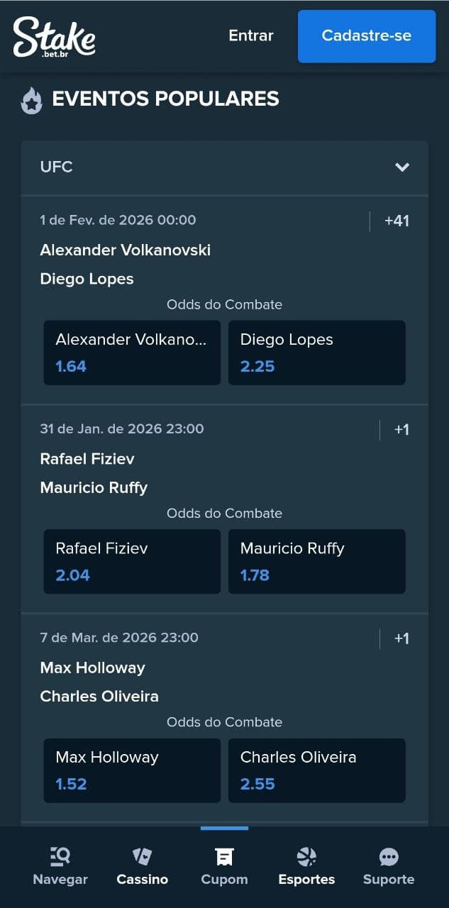 Eventos populares do UFC disponíveis na Stake