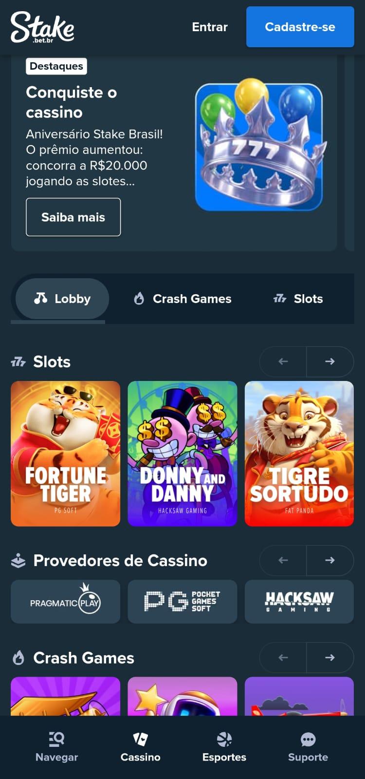  Captura de tela do cassino oficial da Stake com slots, provedores de jogos e crash games.