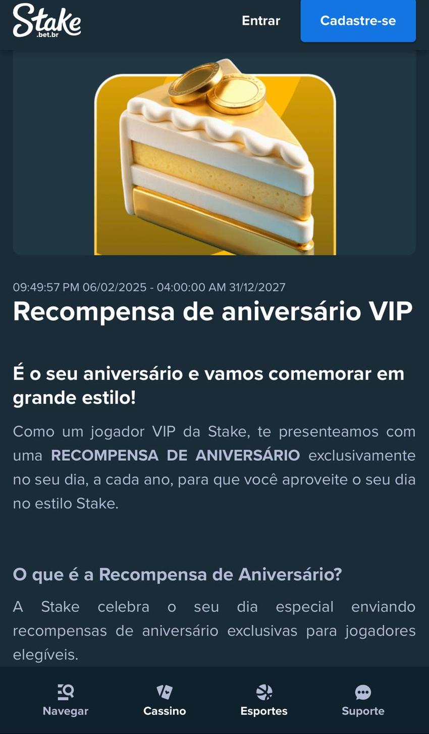 Captura de tela da Recompensa de Aniversário VIP no site de apostas na NBA Stake.