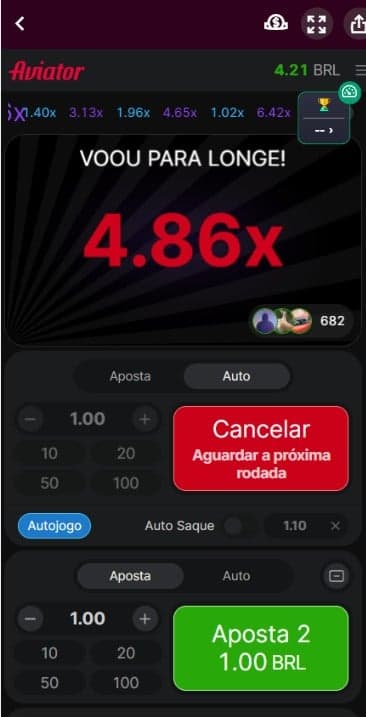 Rodada do Aviator Superbet com multiplicador 4.86x e aposta para a próxima rodada