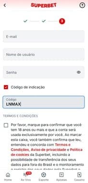 Tela de cadastro Superbet com código de indicação Aviator