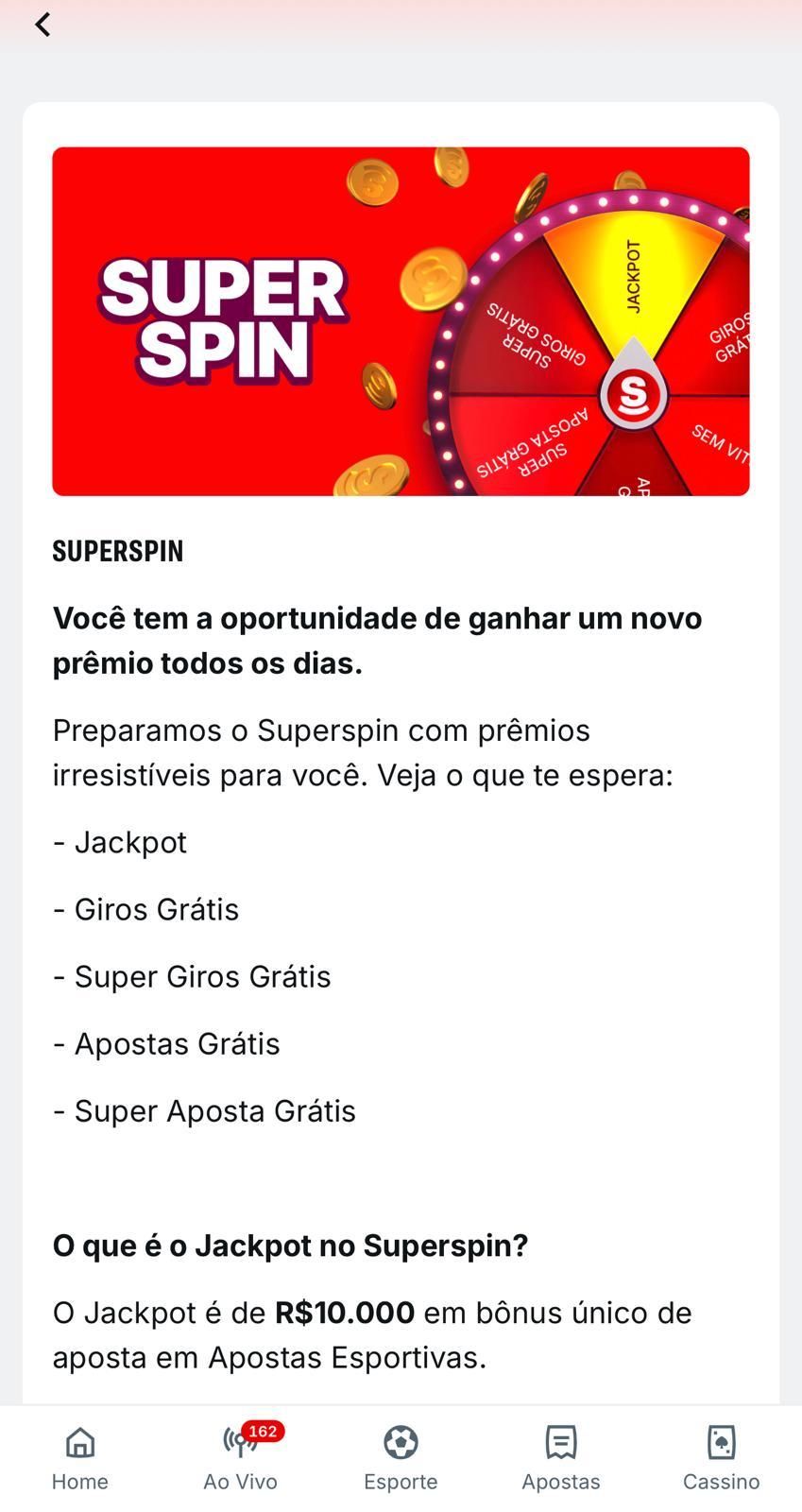 Captura de tela do SuperSpin na plataforma com bônus Superbet.