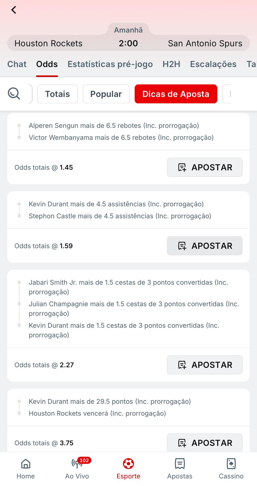 Captura da tela de dicas de apostas na NBA na Superbet.