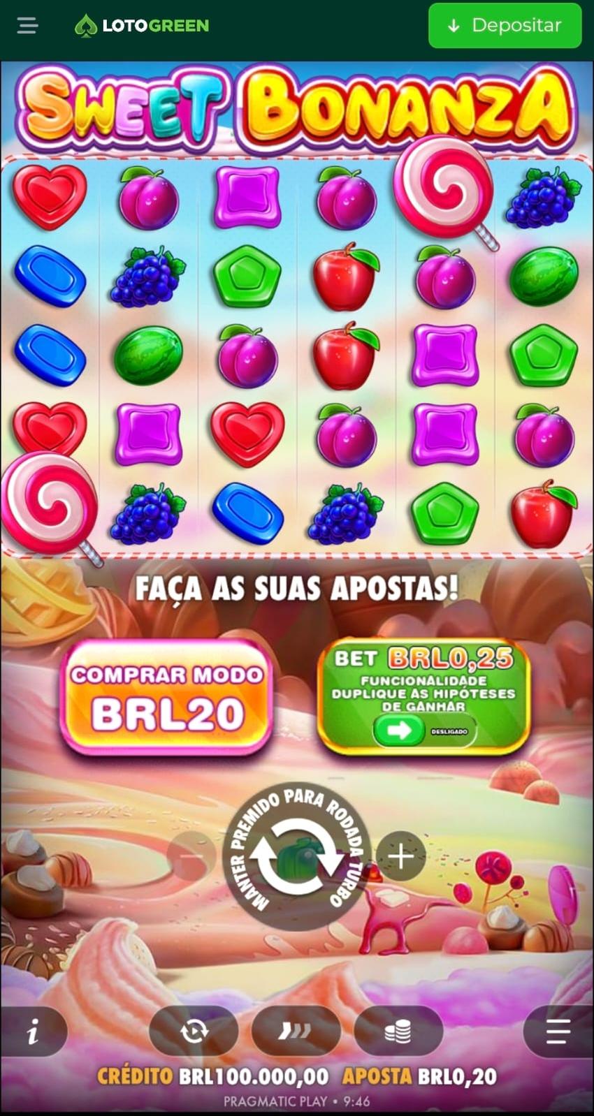 Captura de tela dos símbolos e botões de apostas do Sweet Bonanza, um dos melhores jogos slots da Lotogreen.