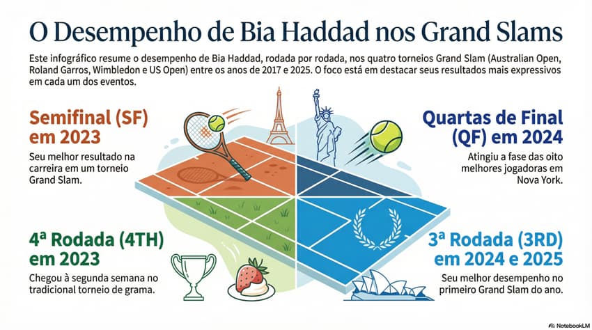 Gráfico mostra os melhores desempenhos de Bia Haddad em Slams (Reprodução/IA)