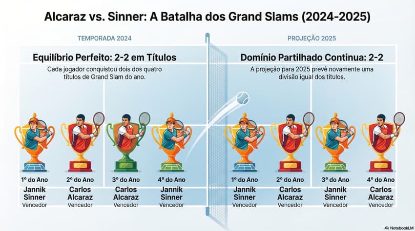 Gráfico mostra os títulos de Alcaraz e Sinner em Slams desde 2024