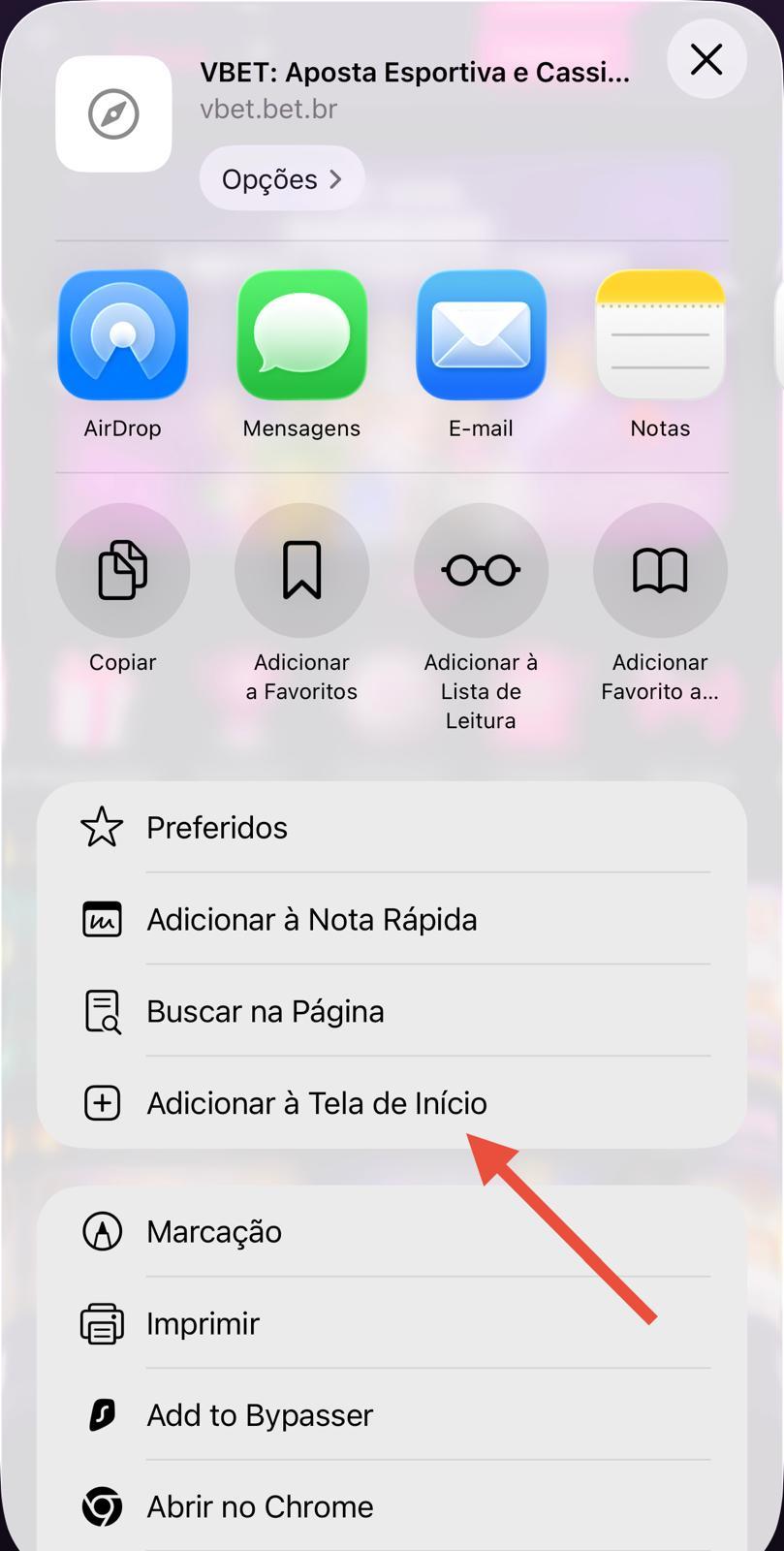 Captura da tela de criação de atalho do Vbet App no iOS.