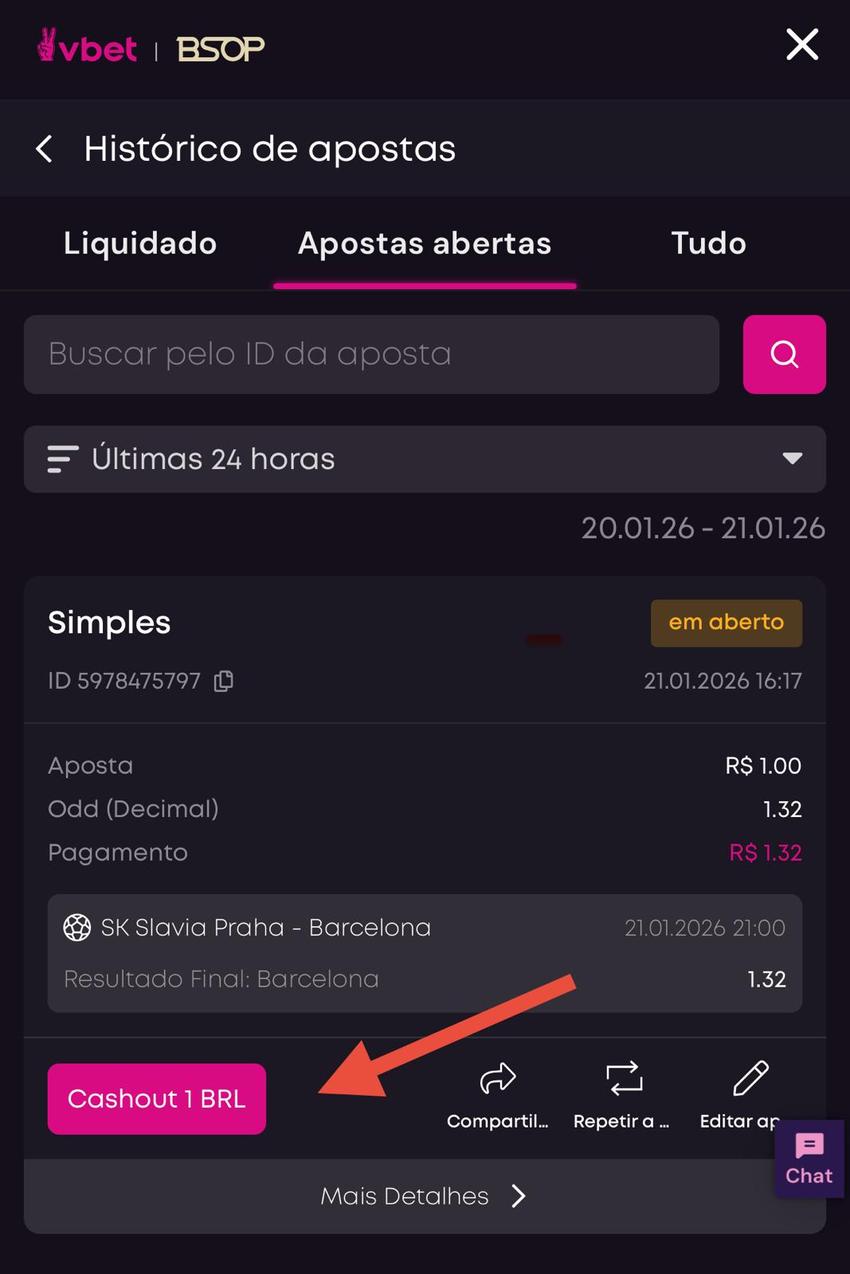 Captura da tela de cash out no Vbet App.