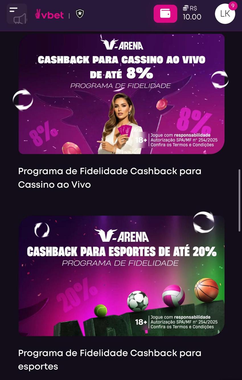 Captura da tela de cashback no Vbet App.