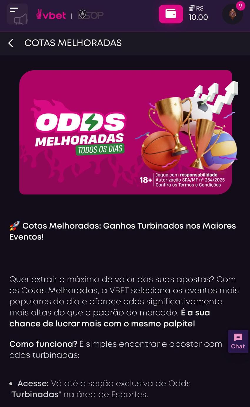 Captura da tela de Odds Melhoradas no Vbet App.