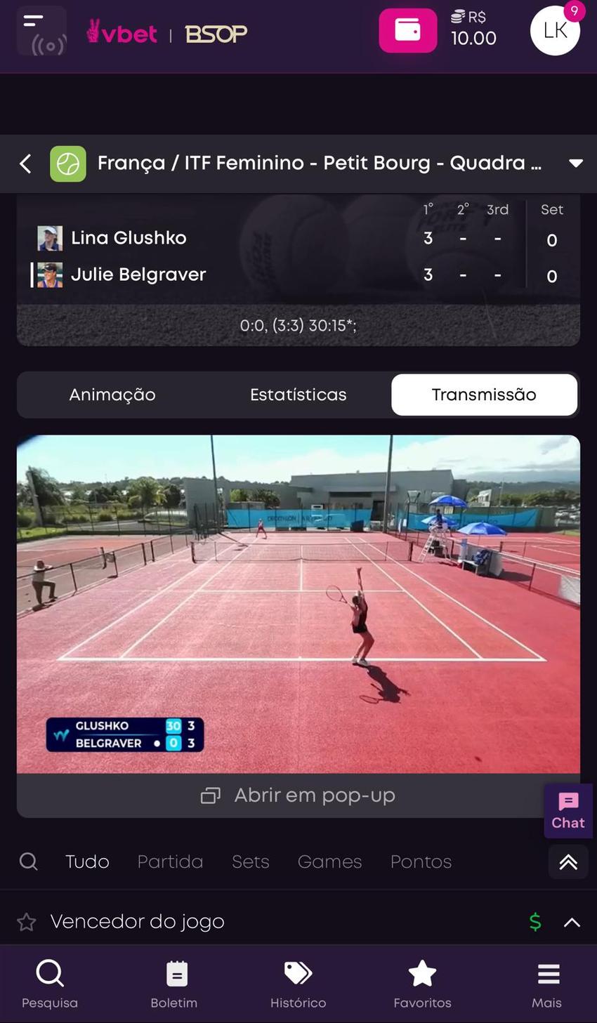 Captura da tela de straming ao vivo no Vbet App.