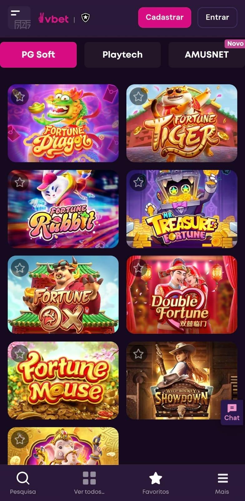 Captura de tela dos slots da PG Soft disponíveis no site oficial da Vbet.