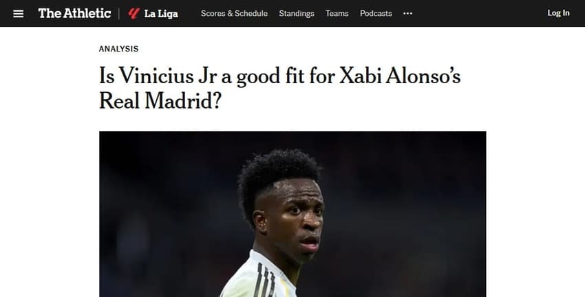 Tradução: "Vinícius Júnior é uma boa opção para o Real Madrid de Xabi Alonso?" (Foto: Arte/Lance!)