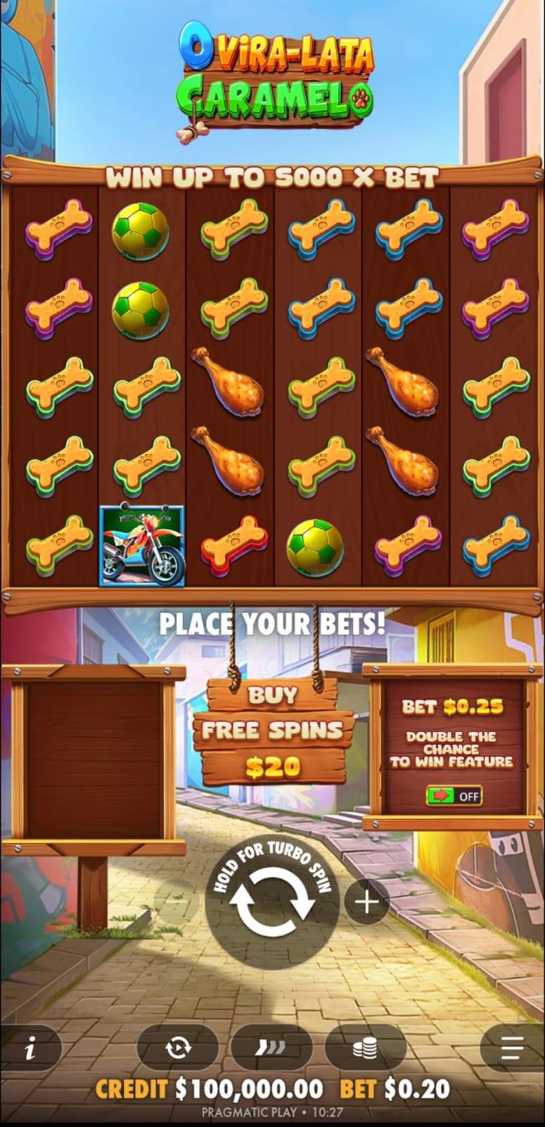 Captura de tela do caça-níquel O Vira-Lata Caramelo sendo jogado no site oficial do desenvolvedor Pragmatic Play.