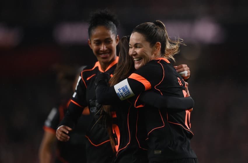 LONDON, ENGLAND - FEBRUARY 01: Gabi Zanotti of SC Corinthians celebrates scoring her team's first goal with teammate Belen Aquino during the FIFA Women's Champions Cup 2026 Final match between Arsenal Women FC and SC Corinthians at Arsenal Stadium on February 01, 2026 in London, England. (Photo by Harriet Lander - FIFA/FIFA via Getty Images)