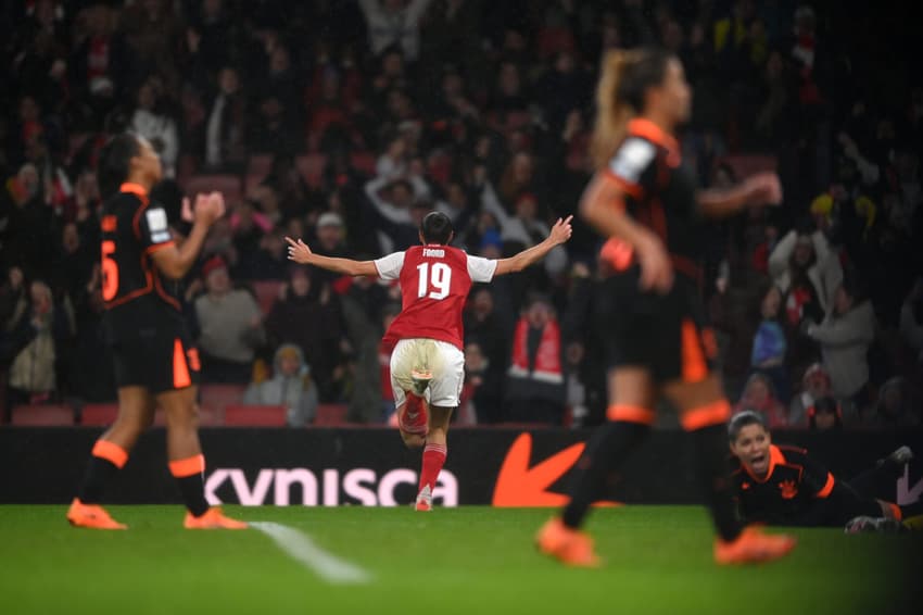 LONDON, ENGLAND - FEBRUARY 01: Caitlin Foord of Arsenal celebrates scoring her team's third goal during the FIFA Women's Champions Cup 2026 Final match between Arsenal Women FC and SC Corinthians at Arsenal Stadium on February 01, 2026 in London, England. (Photo by Harriet Lander - FIFA/FIFA via Getty Images)