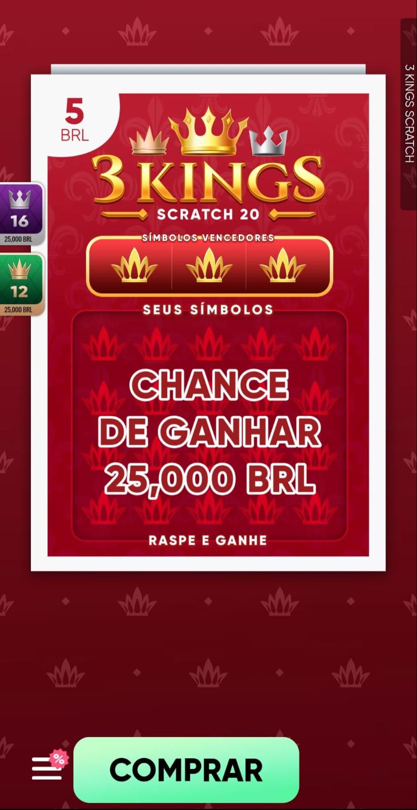 Captura de tela da raspadinha online 3 Kings Scratch no cassino Jogo de Ouro.