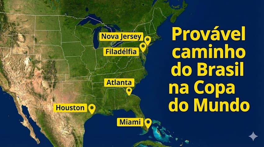 Cidades pelas quais o Brasil passará caso se classifique como líder de seu grupo na Copa do Mundo (Arte gerada por IA)