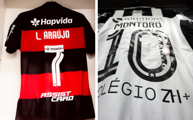 Camisas de Luiz Araújo, do Flamengo, e Montoro, do Botafogo (Fotos: Adriano Fontes / Flamengo e Vitor Silva / Botafogo)