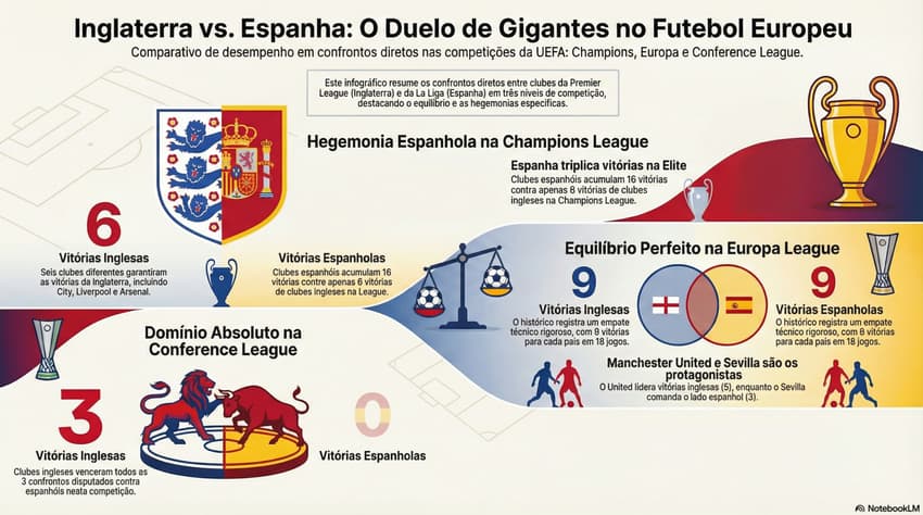 Comparação de clubes espanhóis e ingleses nas competições internacionais (Arte: NotebookLM)