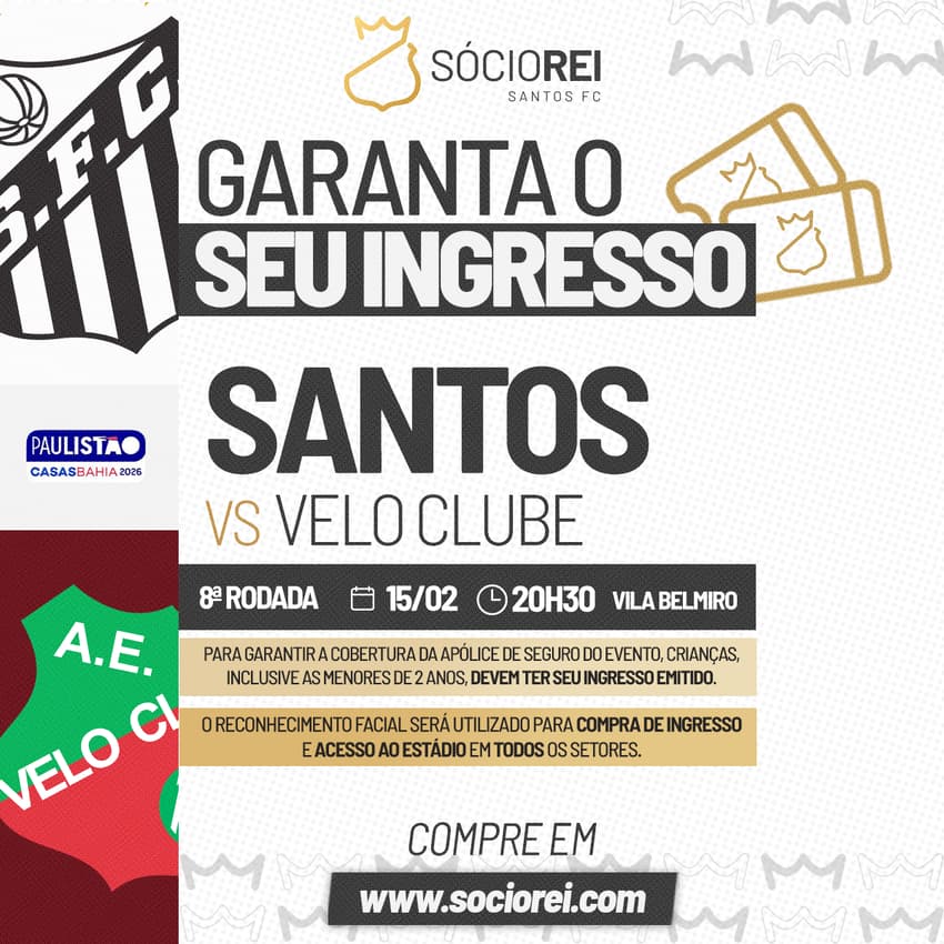 Santos divulga venda de ingressos para o duelo contra o Velo Clube. (Foto: Divulgação/ Santos FC)