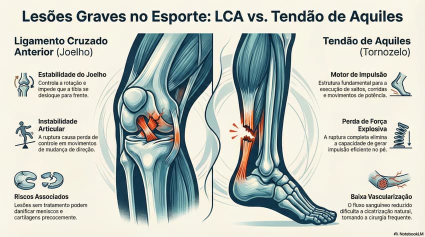 Infográfico sobre a lesão de aquiles e LCA