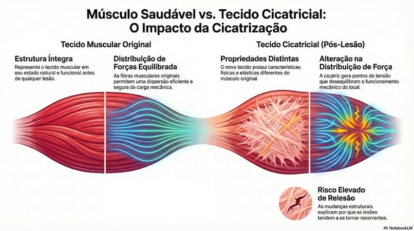Infográfico sobre um tecido muscular normal e com cicatrizes (Foto: NotebookLM)