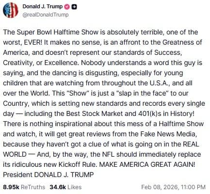 Presidente norte-americano Donald Trump criticando duramente o show do Bad Bunny (Foto: Captura de tela / Truth Social)