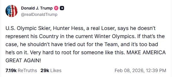 Presidente norte-americano Donald Trump criticando fala polêmica do esquiador Hunter Hess (Foto: Captura de tela / Truth Social)
