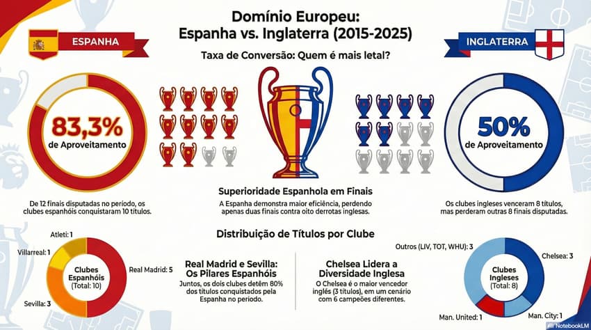 Ranking comparativo entre clubes ingleses e espanhóis em finais europeias (Arte: NotebookLM)