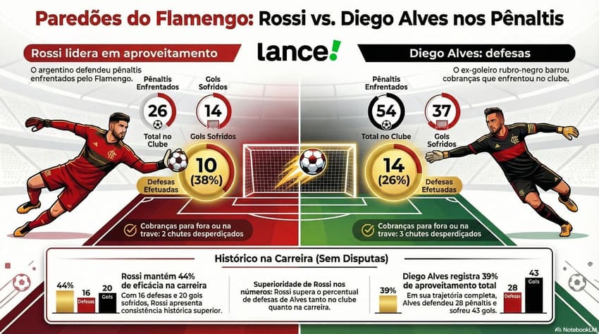 Números de Rossi e Diego Alves, ídolos do Flamengo (Foto:  NotebookLM)