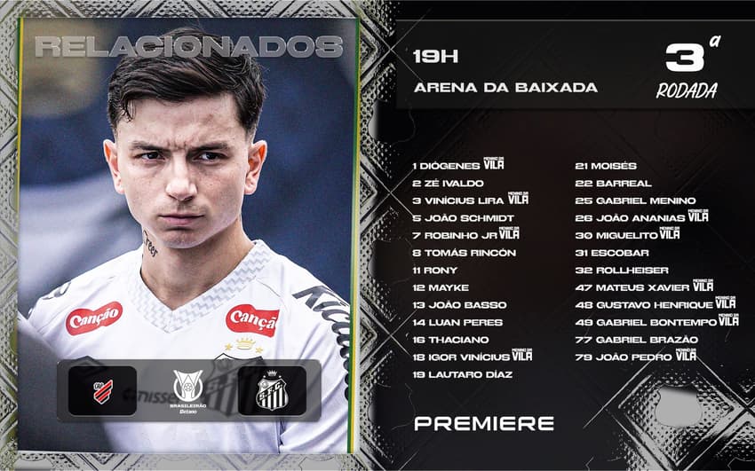 Santos divulga lista de relacionados para jogo contra o Athletico-PR. (Foto: Divulgação/ Santos FC)