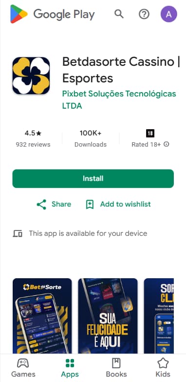 Aplicativo da Bet dá Sorte para download na Play Store