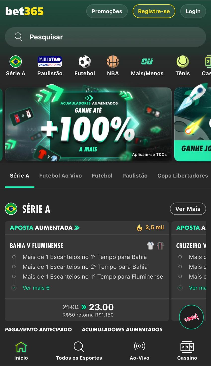 Captura de tela da página inicial da bet365 feita em 05/02/2025, com odds relativas ao momento do print.