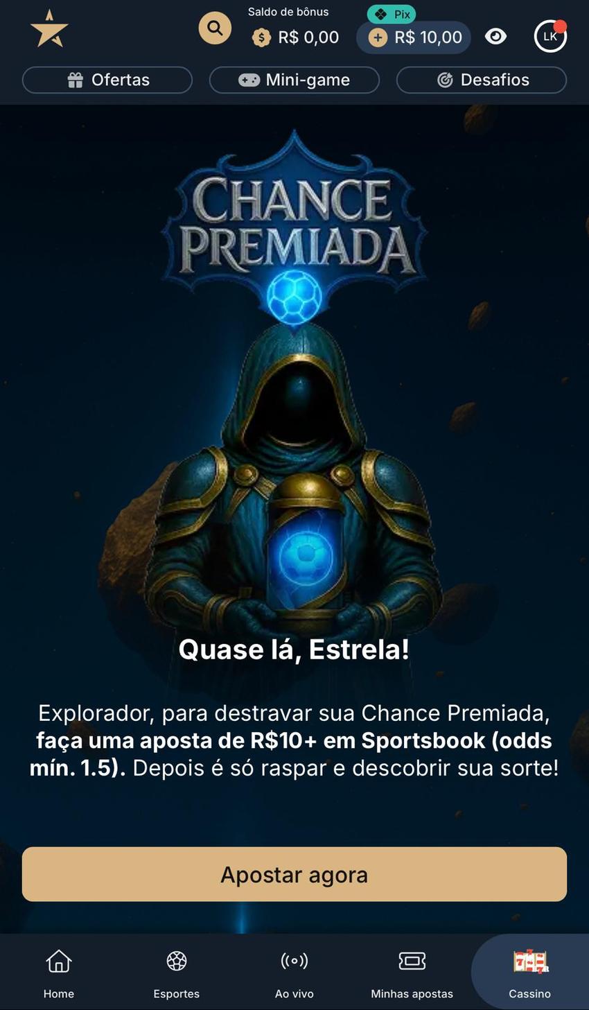 Captura de tela da Chance Premiada da Estrela Bet, uma das melhores plataformas para apostar na Libertadores.