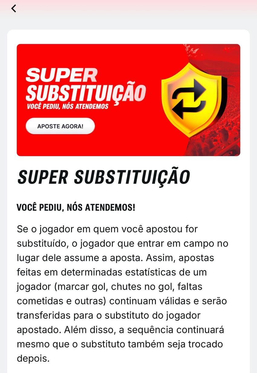 Captura de tela da promoção Super Substituição na Superbet, um dos melhores sites para apostar na Libertadores.