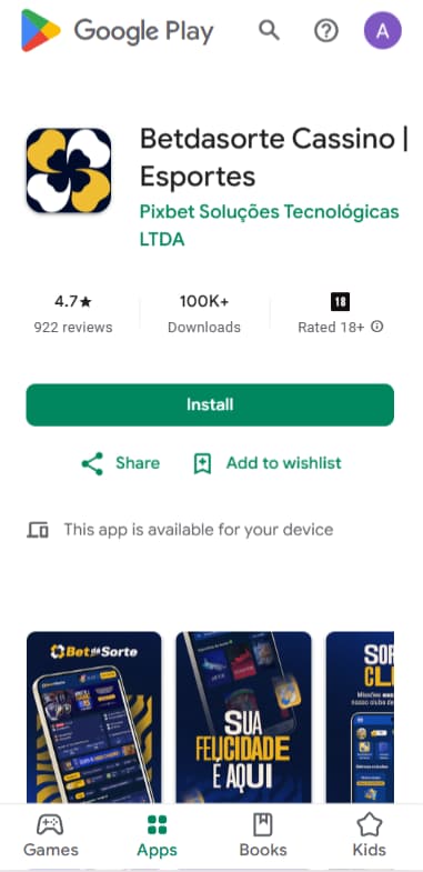 Página do aplicativo Bet da Sorte na Google Play Store