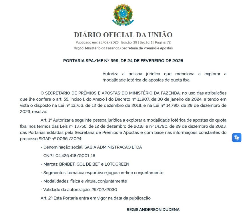 Captura de tela da Portaria nº 399/2025 que autoriza a BR4Bet.