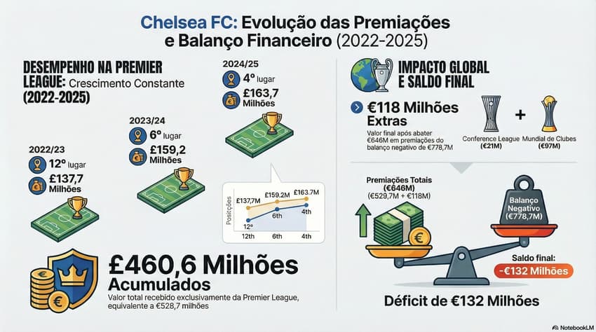 Com as premiações, o Chelsea possuí prejuízo de 132 milhões de euros (Foto: NotebookLM/IA)