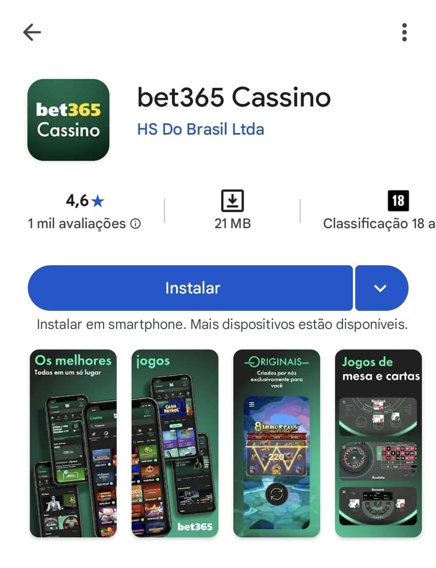 Captura de tela do aplicativo oficial da bet365 na Play Store com botão de instalação e imagens.