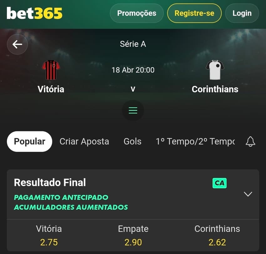 Captura de tela da bet365 exibindo um jogo entre Vitória e Corinthians pelo Brasileirão com pagamento antecipado.