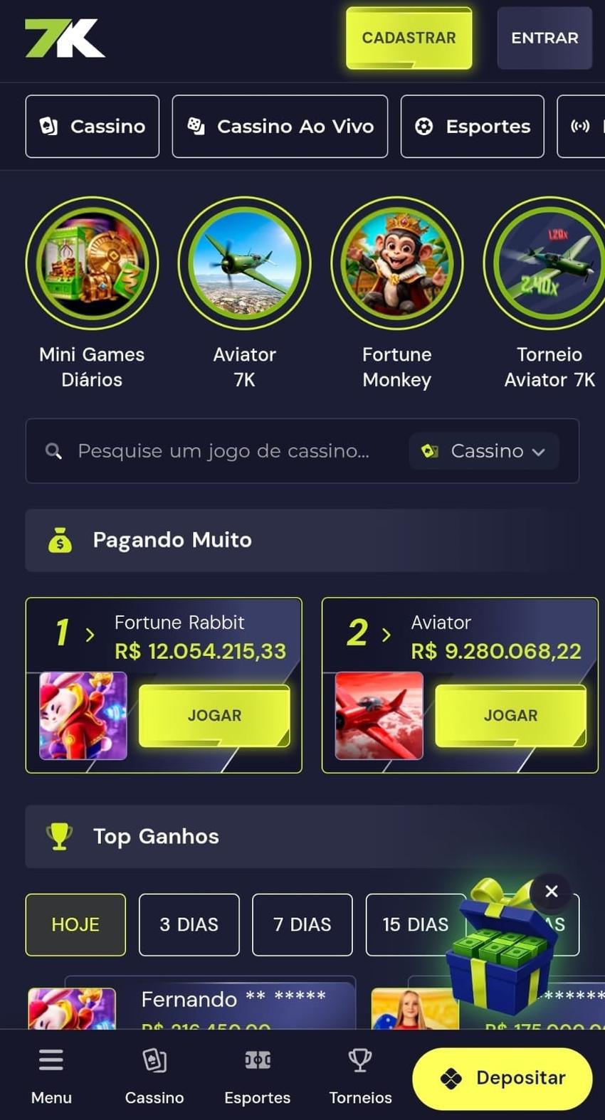 Captura de tela da página inicial da Bet7k com jogos da semana, ofertas e botões de registro.