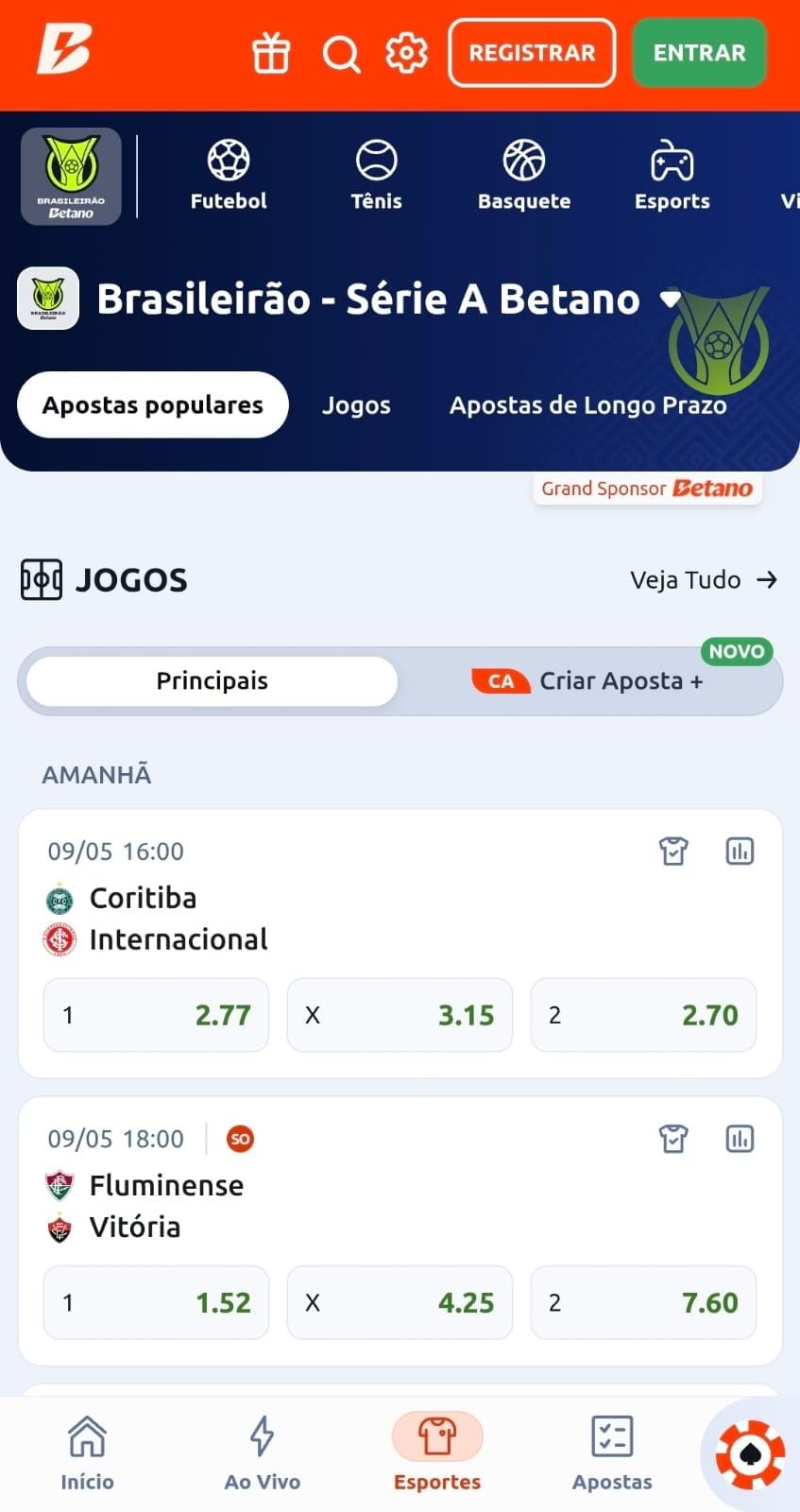 Captura de tela dos jogos disponíveis para apostar no Brasileirão na Betano.