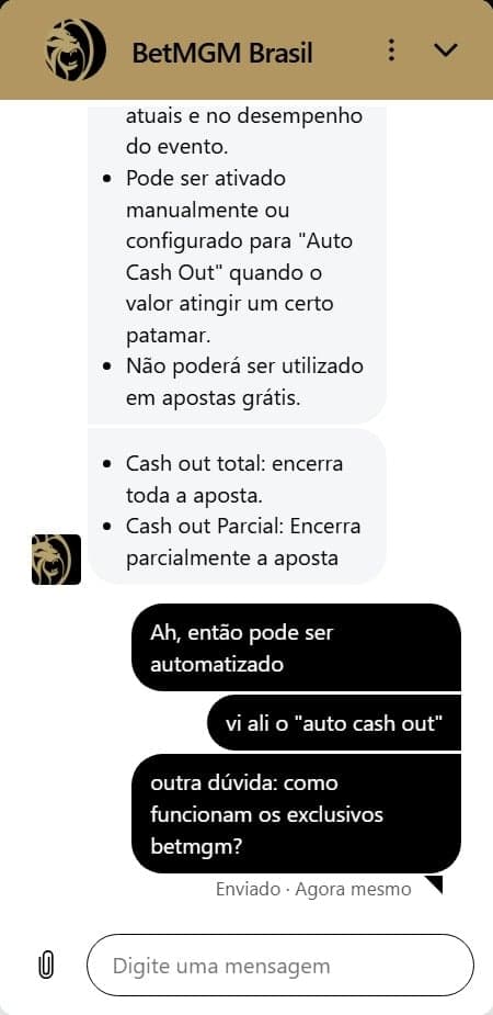 Atendimento via BetMGM explicando o cash out
