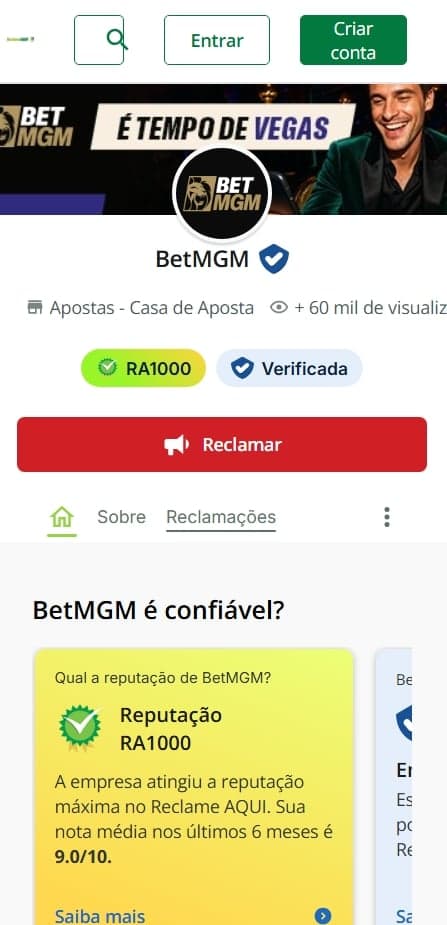 Reputação RA1000 da BetMGM no Reclame Aqui com nota média 9.0