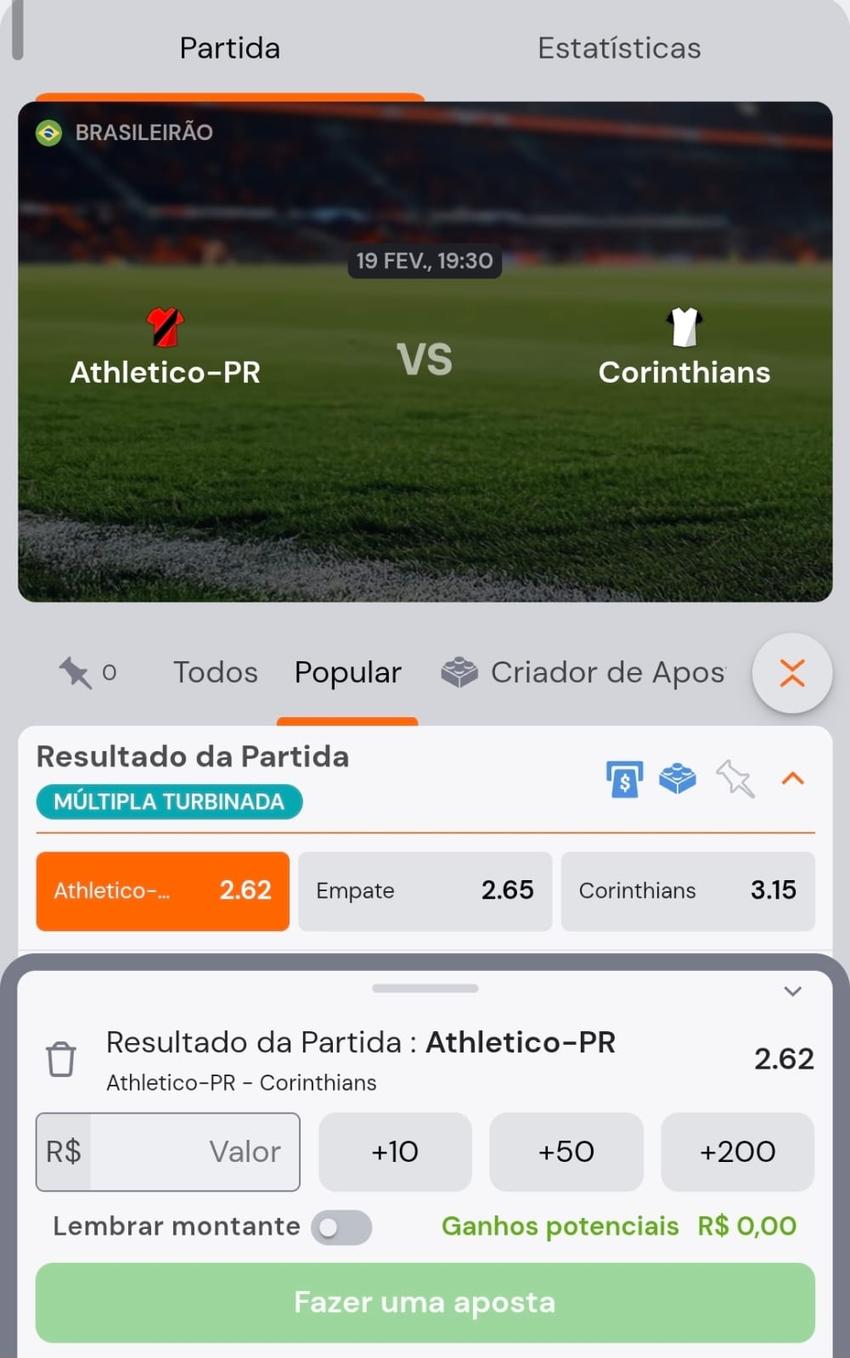 Captura de tela do bilhete de apostas na Betsson com um jogo do Brasileirão no mercado resultado da partida.