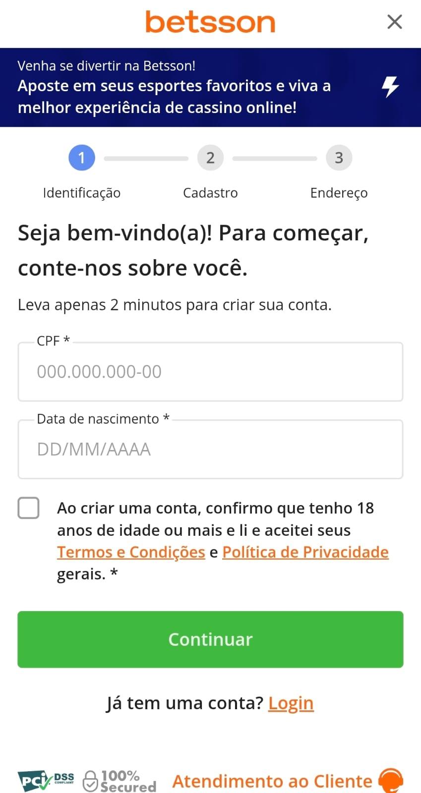 Captura de tela do formulário de cadastro na Betsson com as etapas para criar uma conta.