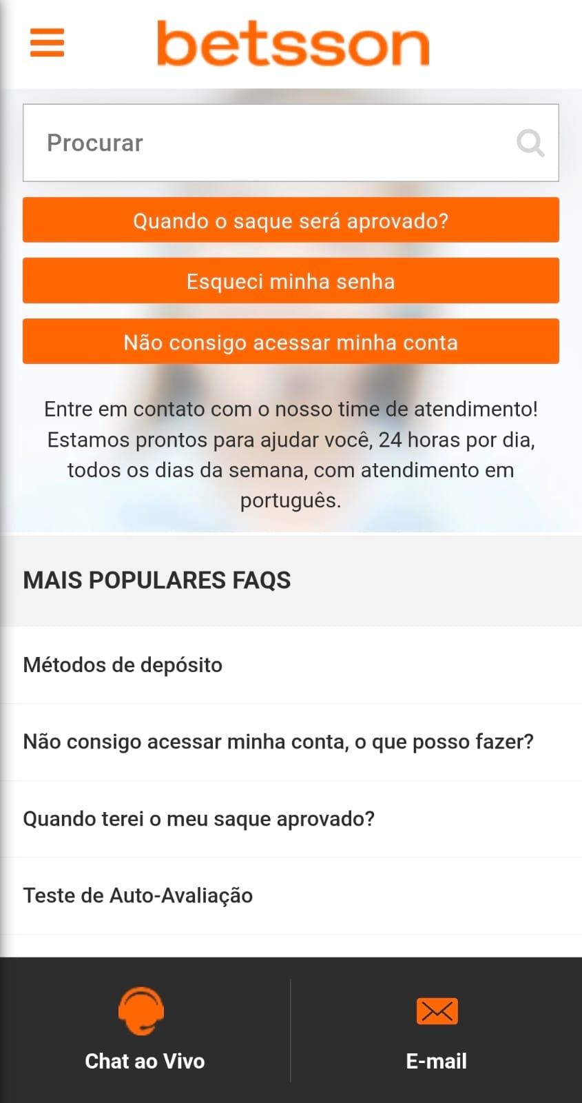 Captura de tela da Central de Ajuda da Betsson com botões para o Chat Ao Vivo, E-mail e FAQs populares.